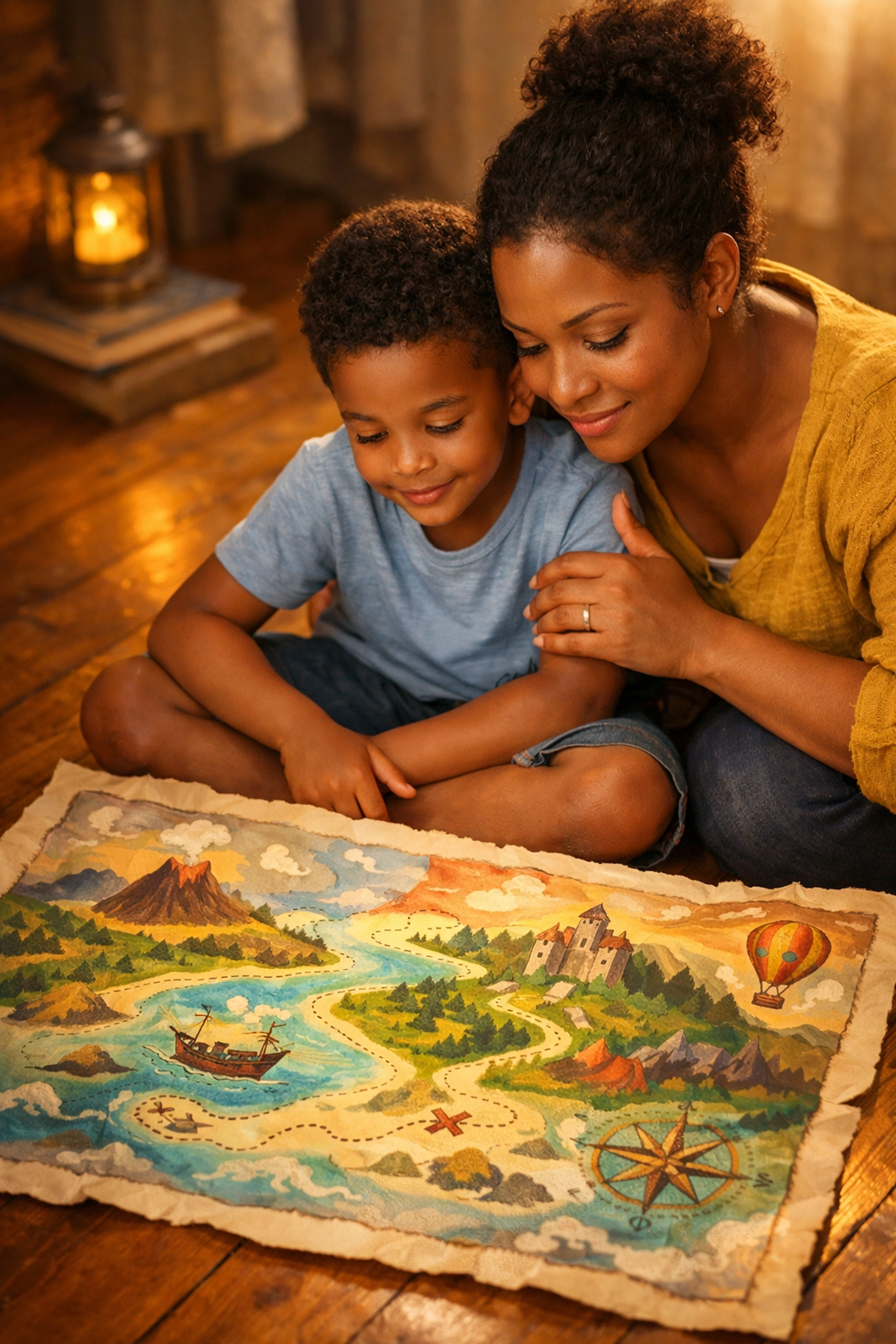 Afro-Caribbean mother and son exploring a colorful map together after an autism diagnosis.