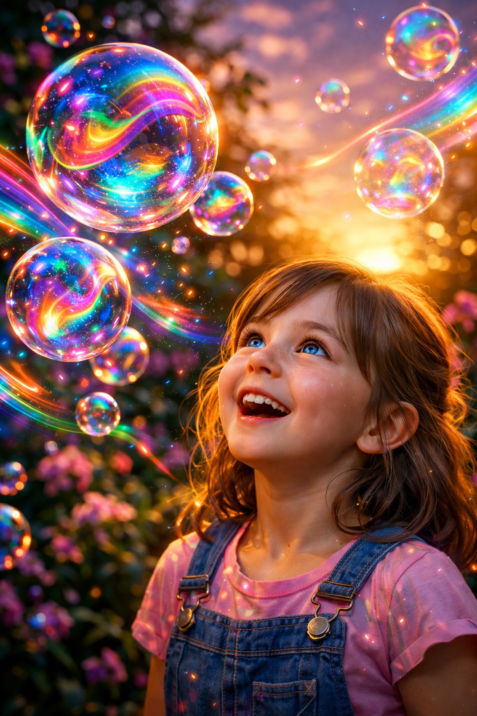A young girl admiring the magical sensory beauty of rainbow bubbles in a sunny garden.
