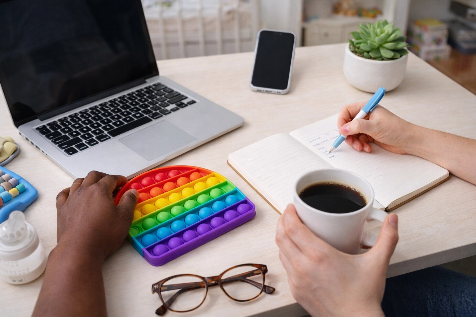 A shared home workspace with a laptop, sensory toy, and planning materials representing career and caregiving balance.