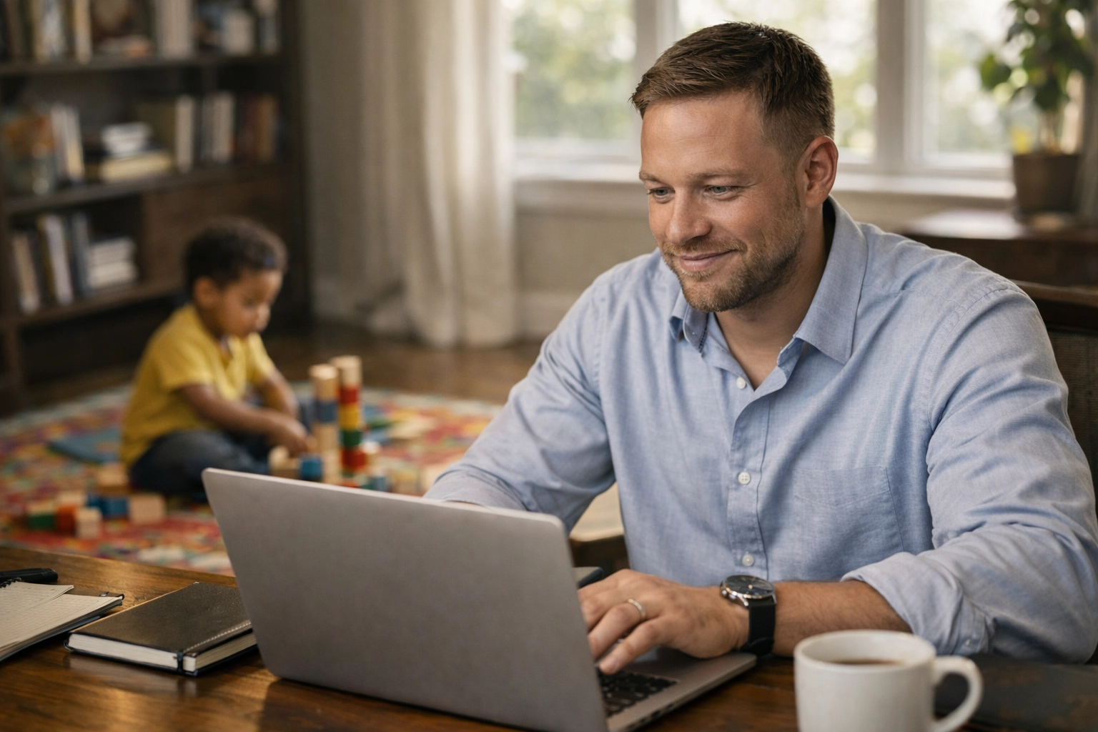 A White father working from home while a Black child plays nearby, showcasing workplace flexibility for parents.