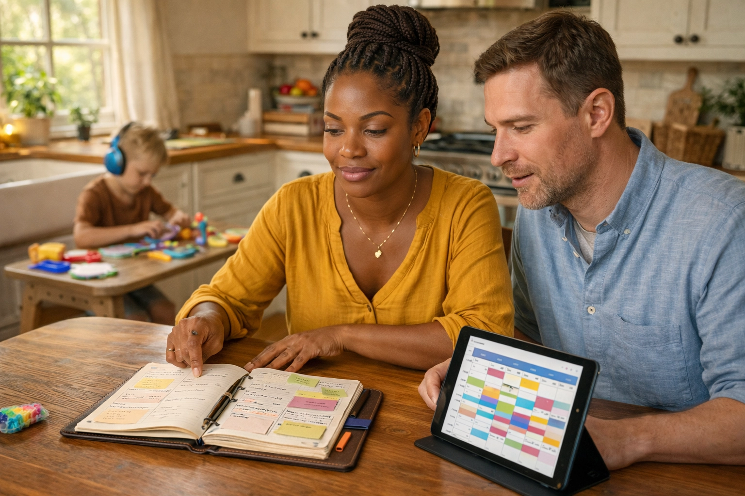 A Black mother and White father organizing their caregiving and work schedule with a planner and digital calendar.