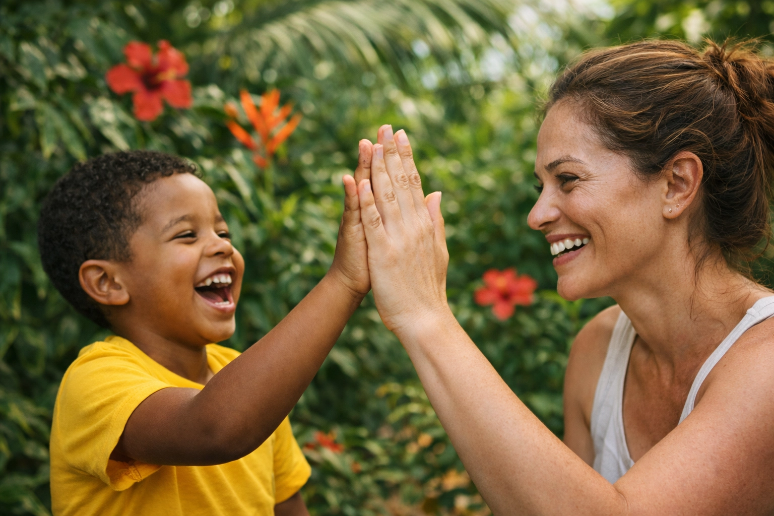 A White mother and Black son sharing a high-five in a garden, symbolizing caregiver resilience and work-life balance success.