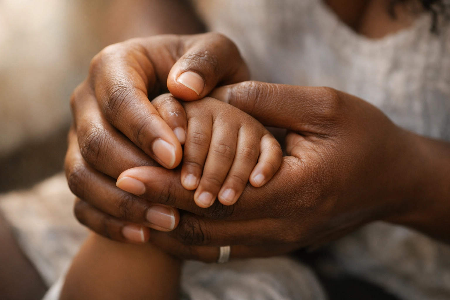 Close-up of a mother gently holding her child's hand