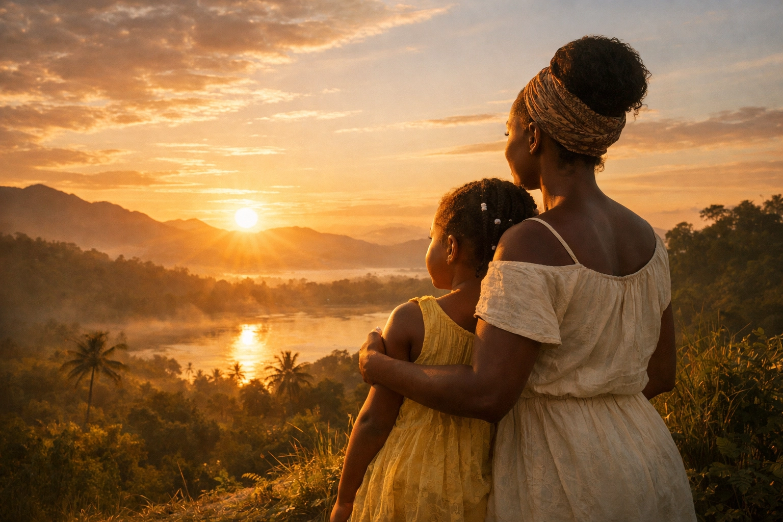 Mother and child looking toward a hopeful sunrise and open landscape