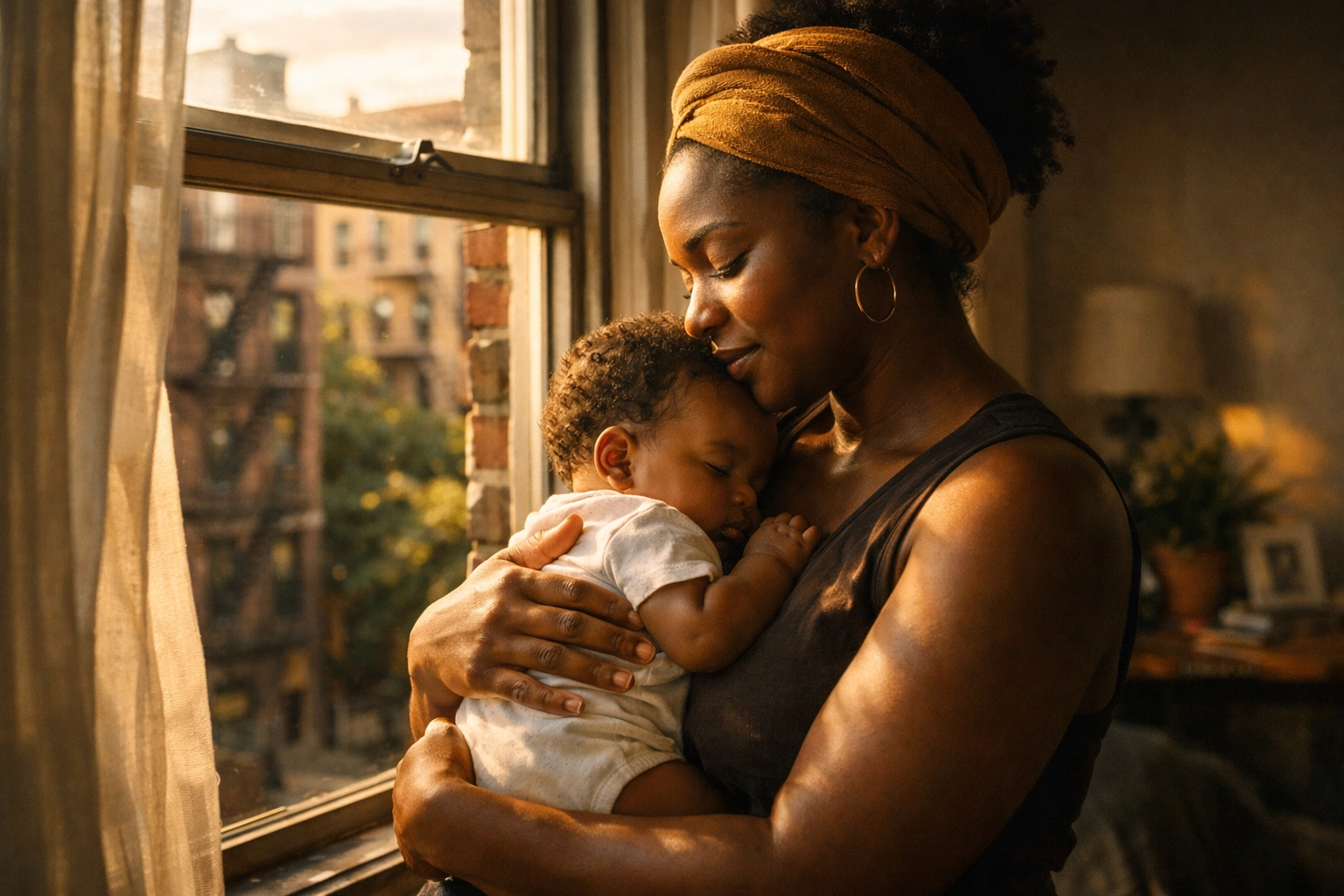 Mother holding her baby near an open apartment window in warm afternoon light
