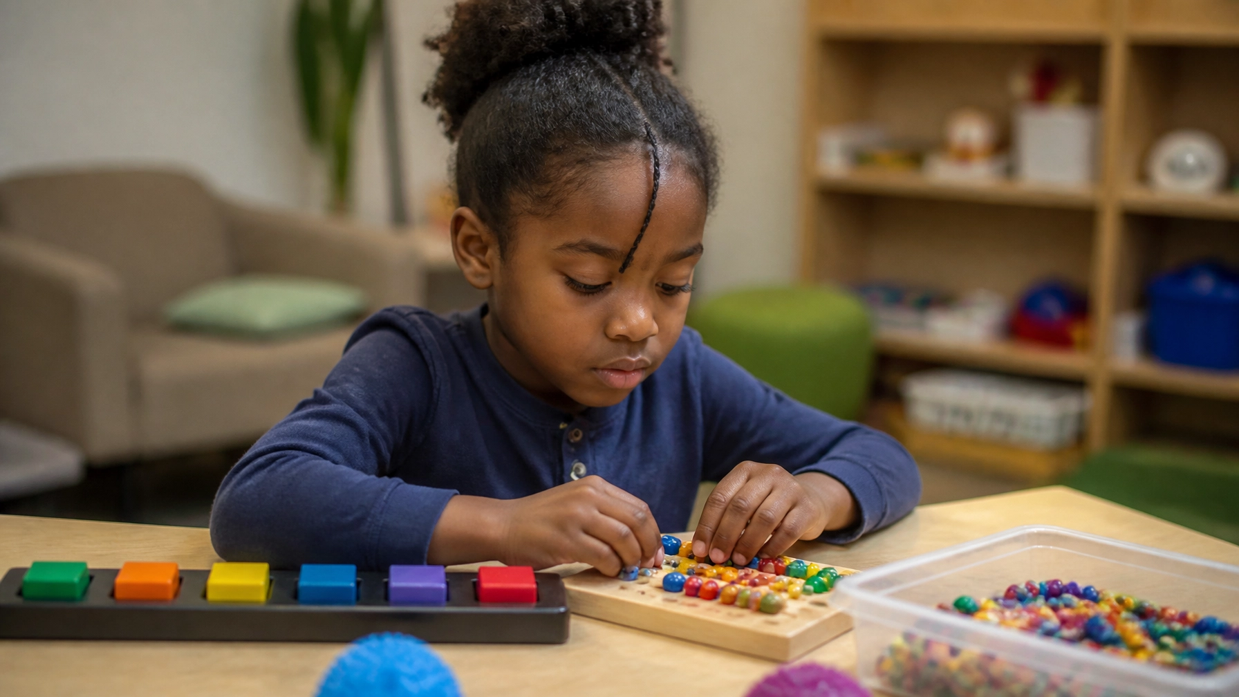 A focused Black child working calmly with sensory-friendly learning materials