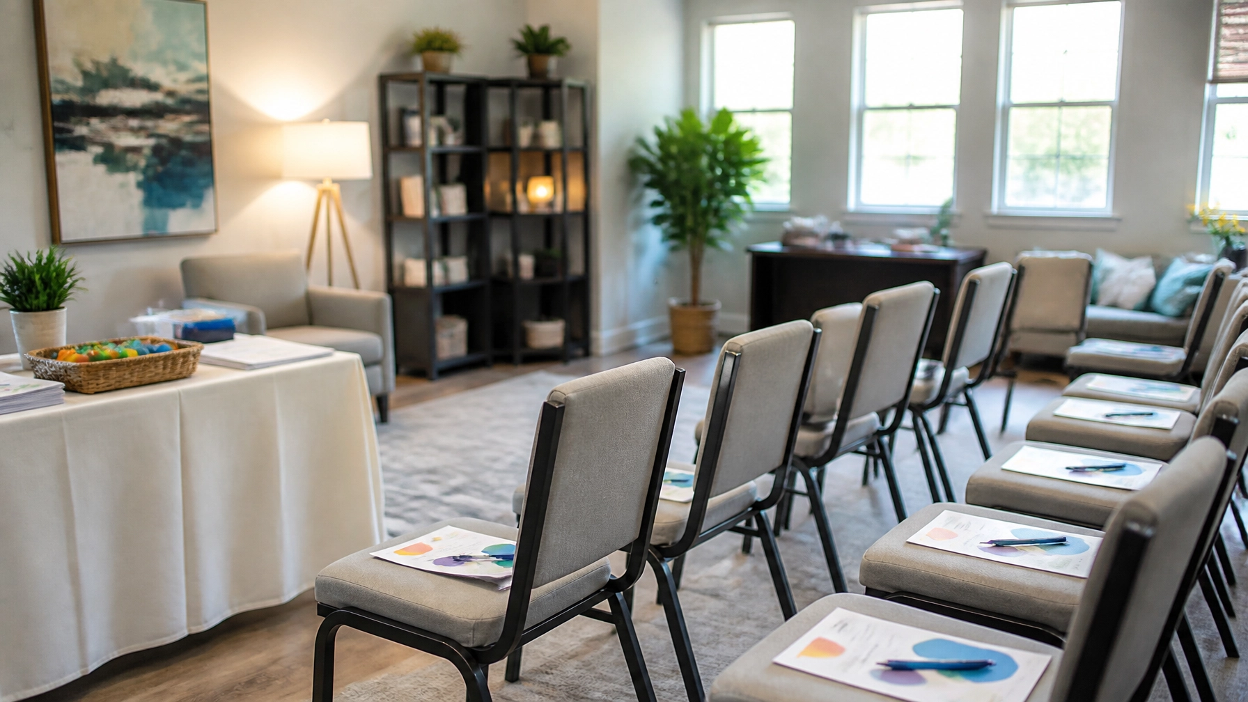 A welcoming community room prepared for a parent education gathering