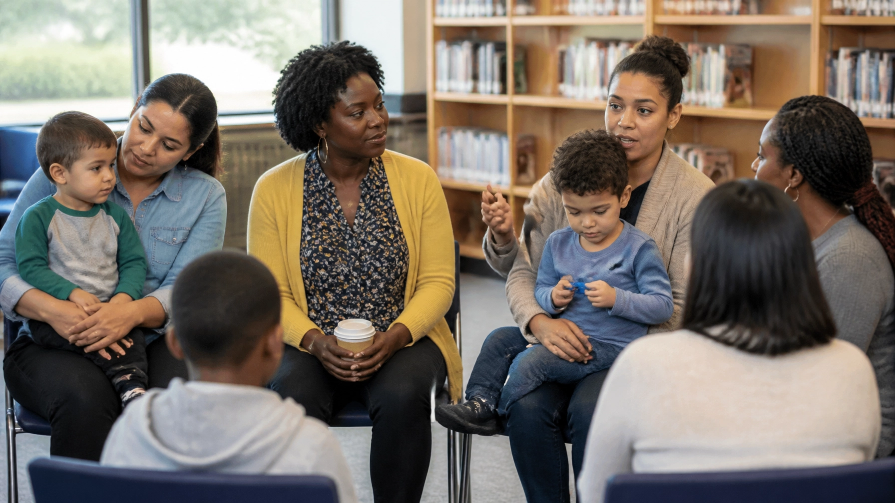 A diverse group of parents and caregivers in a welcoming community support meeting