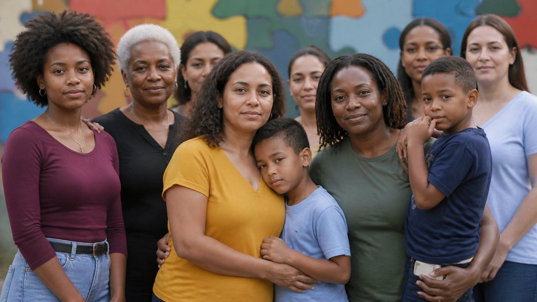 A diverse group of parents and caregivers standing together with confidence and hope, reflecting the strength and advocacy at the heart of the autism journey.