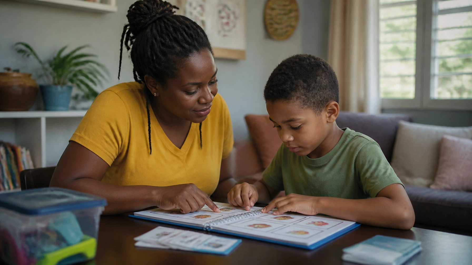 A caregiver and child working together with books and learning tools at home, reflecting empowerment, support, and everyday advocacy.