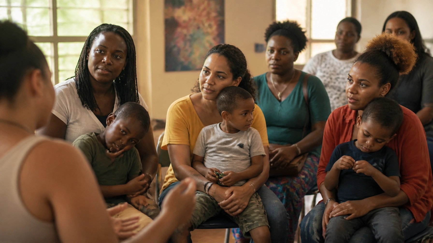 A diverse group of parents and caregivers gathered in a warm community space, showing advocacy, connection, and shared support.