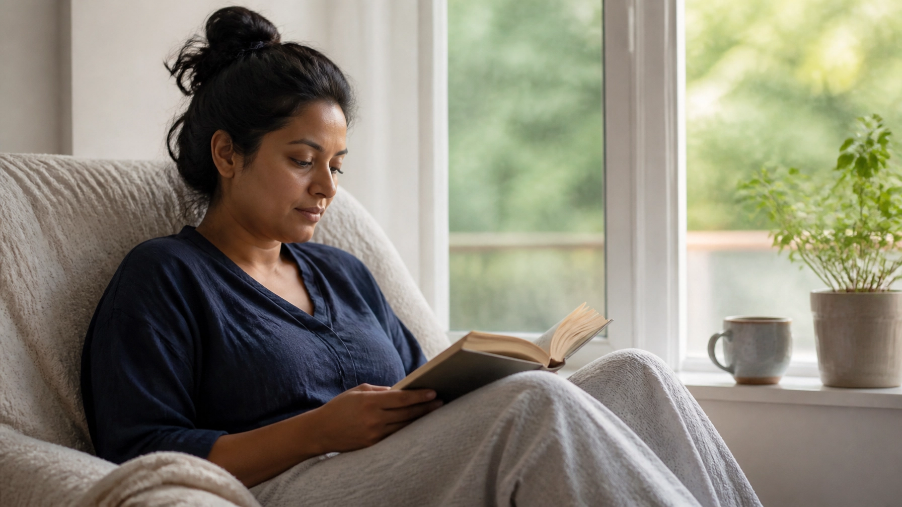 A generic Brown caregiver enjoying a quiet moment reading by a window in a calming home setting