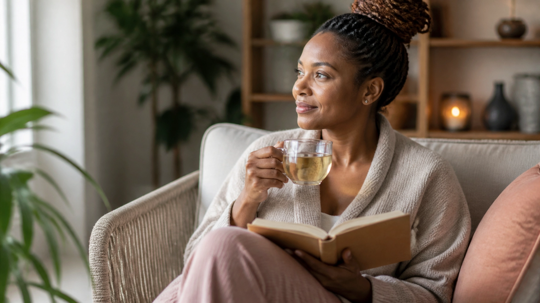A generic Black or Brown caregiver relaxing with herbal tea and a notebook in a serene self-care setting