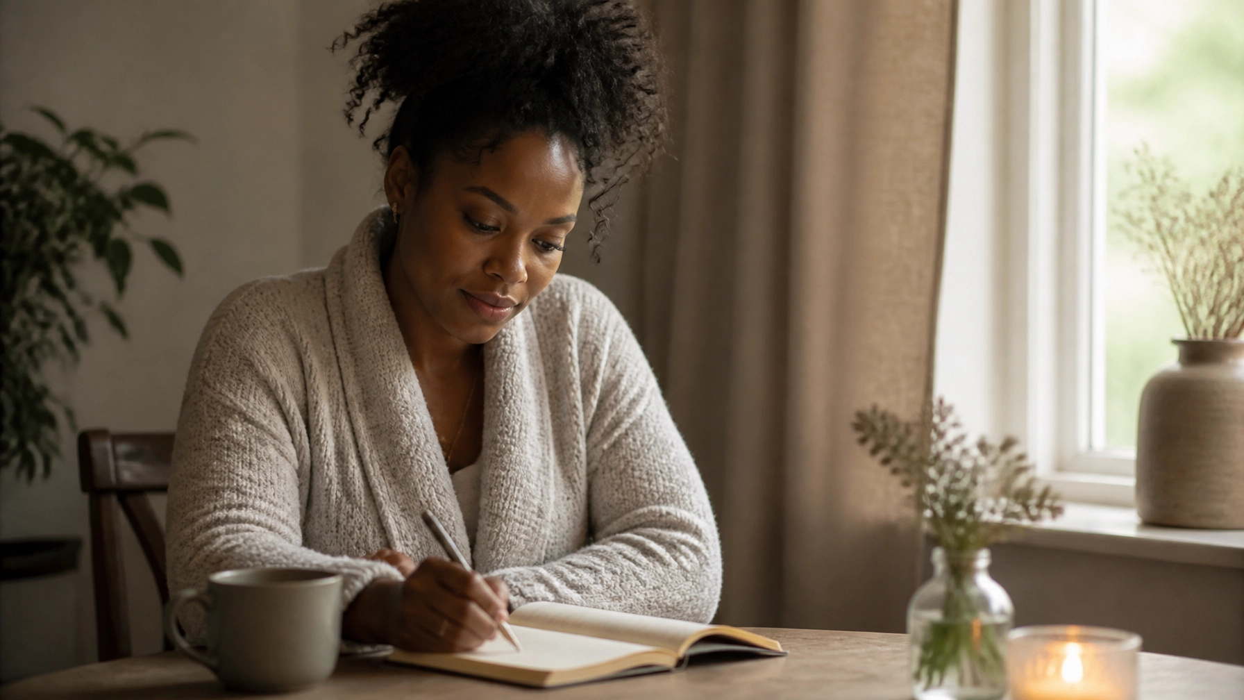 A generic Black caregiver quietly journaling with tea in a peaceful self-care setting