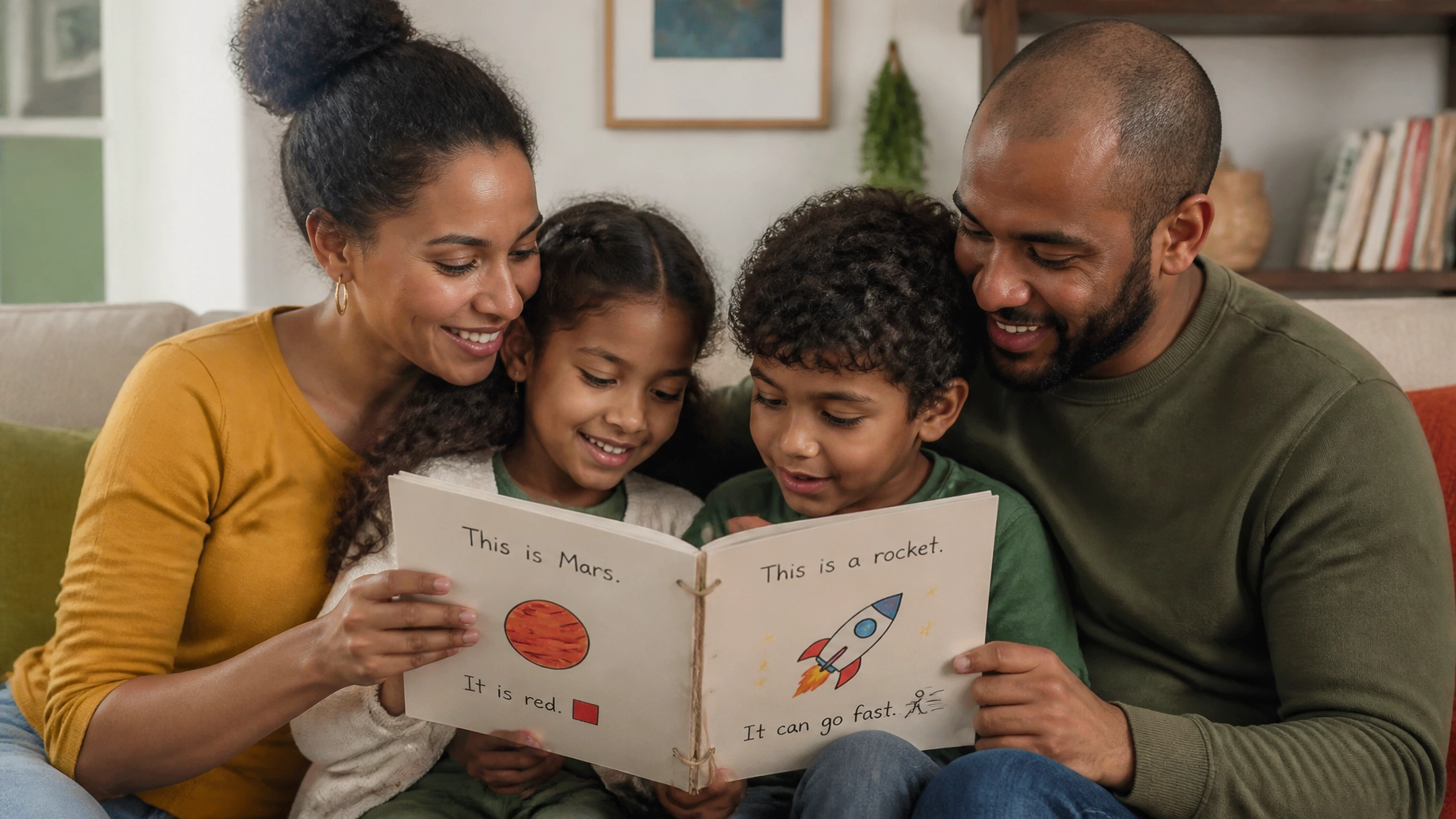 A multicultural Black and Brown family on a sofa reading a homemade book with simple words and picture supports tied to a child’s special interest.