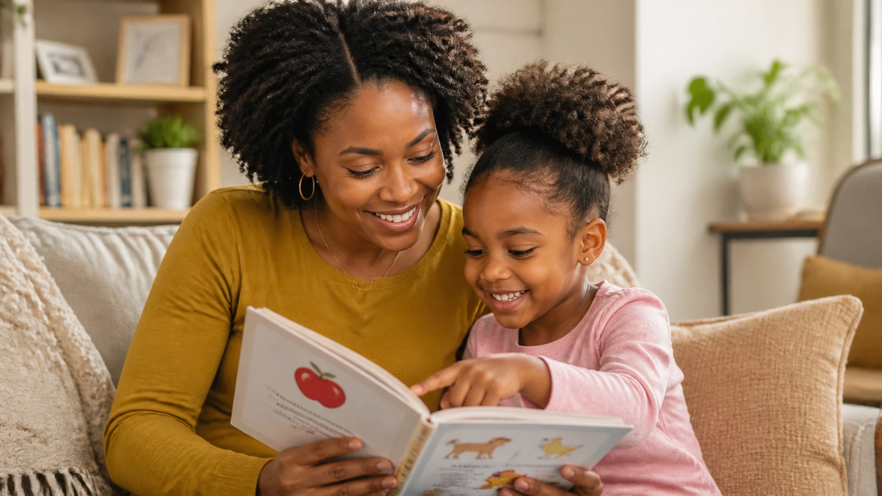 A Black mother and child sharing a book with large printed words and picture supports in a hopeful moment of learning together.