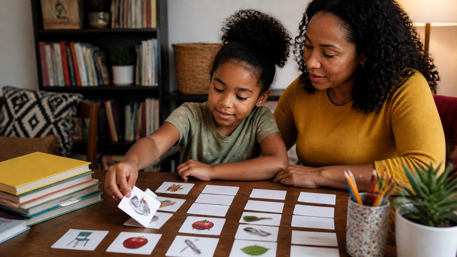 A Brown child and caregiver doing word-to-picture matching with printed word cards and real-life object photos at home.
