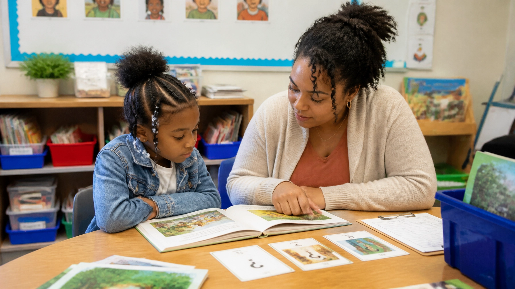 A Black girl and her teacher using books, visual supports, and question cards to build reading comprehension in a classroom setting.
