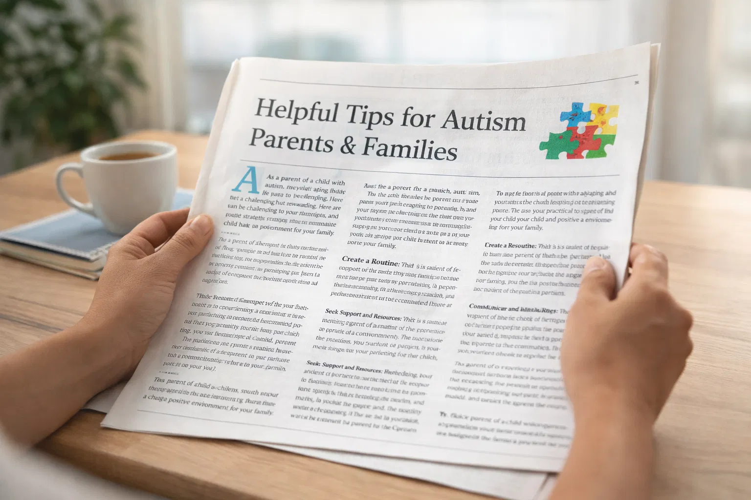 A person reading a newspaper with helpful tips for autism parents, symbolizing the need for support and education.