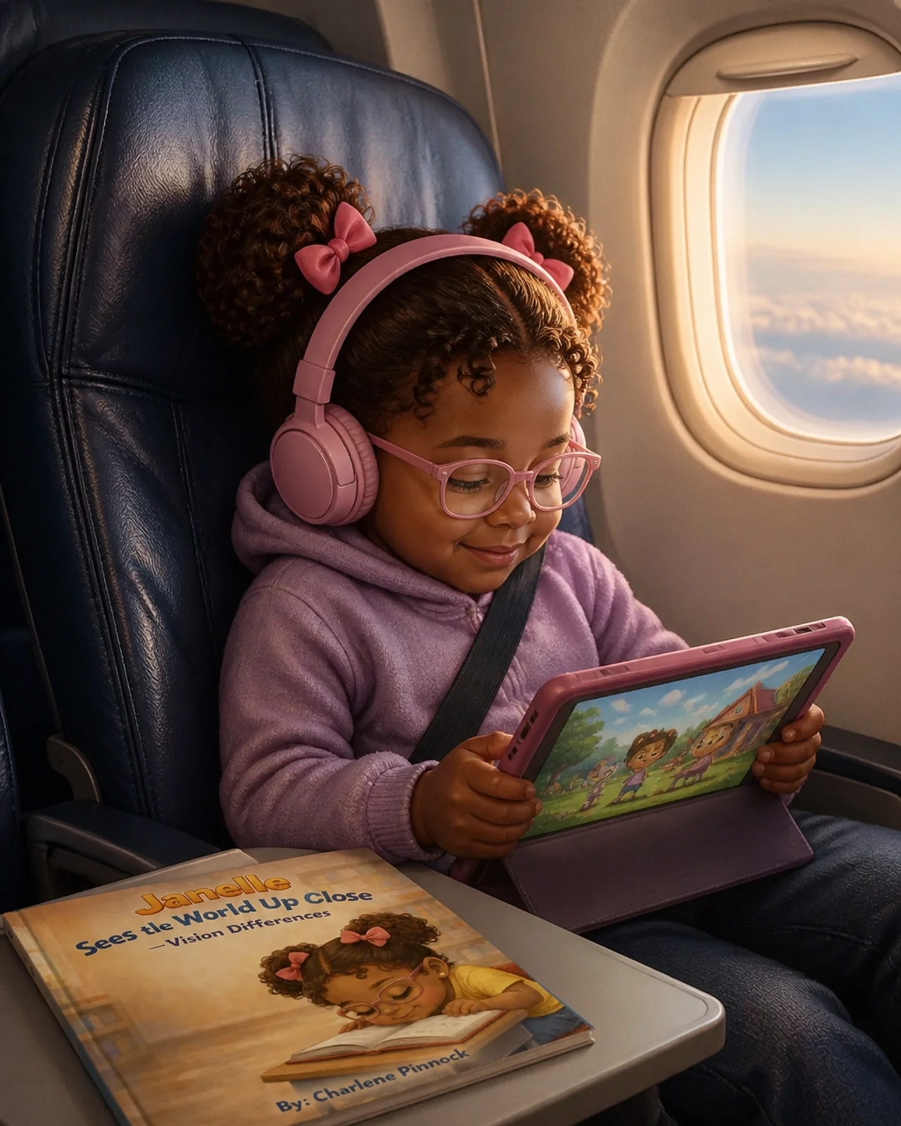 A young girl in a hoodie and headphones sitting in an airplane window seat, looking at a tablet.