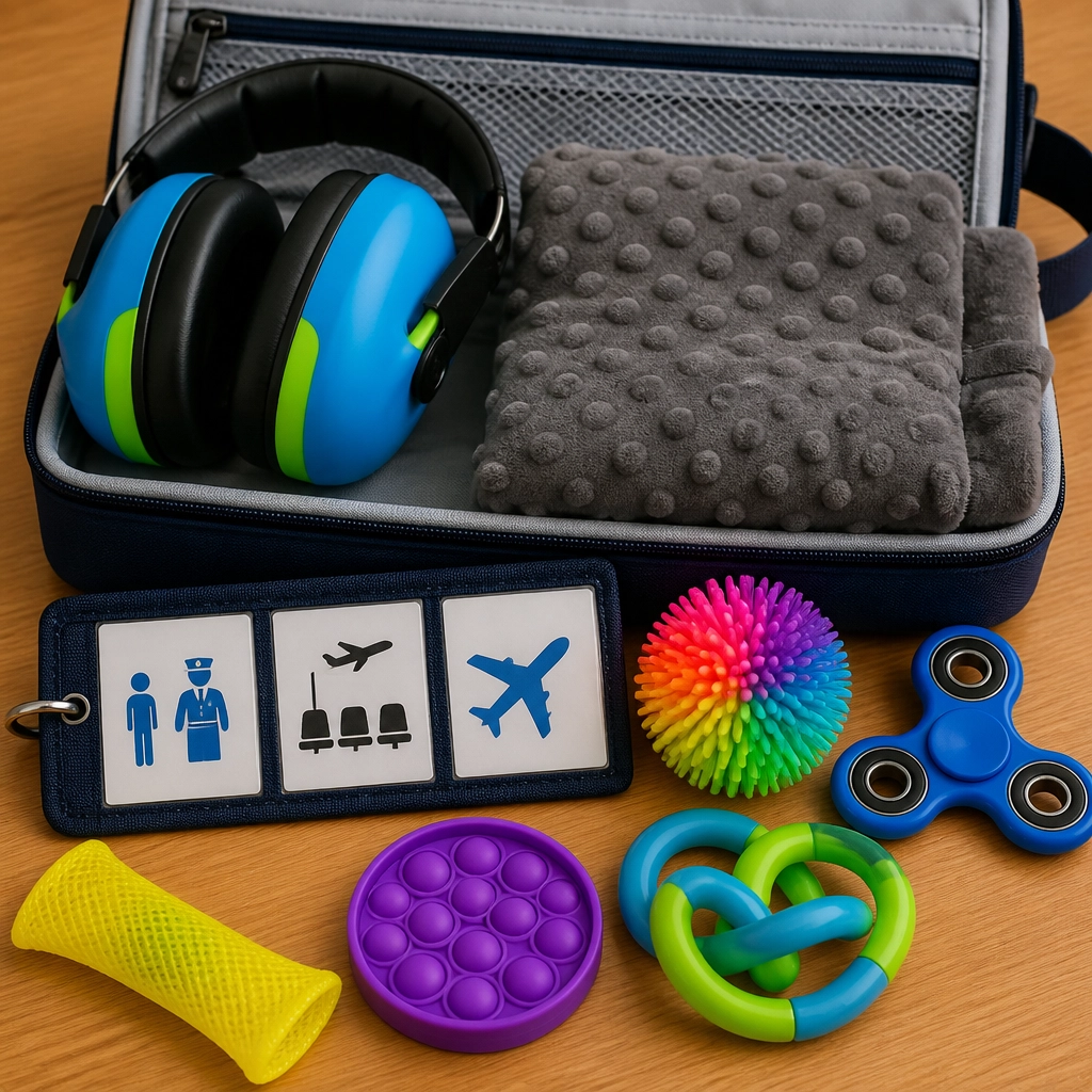 A travel sensory kit featuring noise-canceling headphones, fidget toys, and a visual schedule.