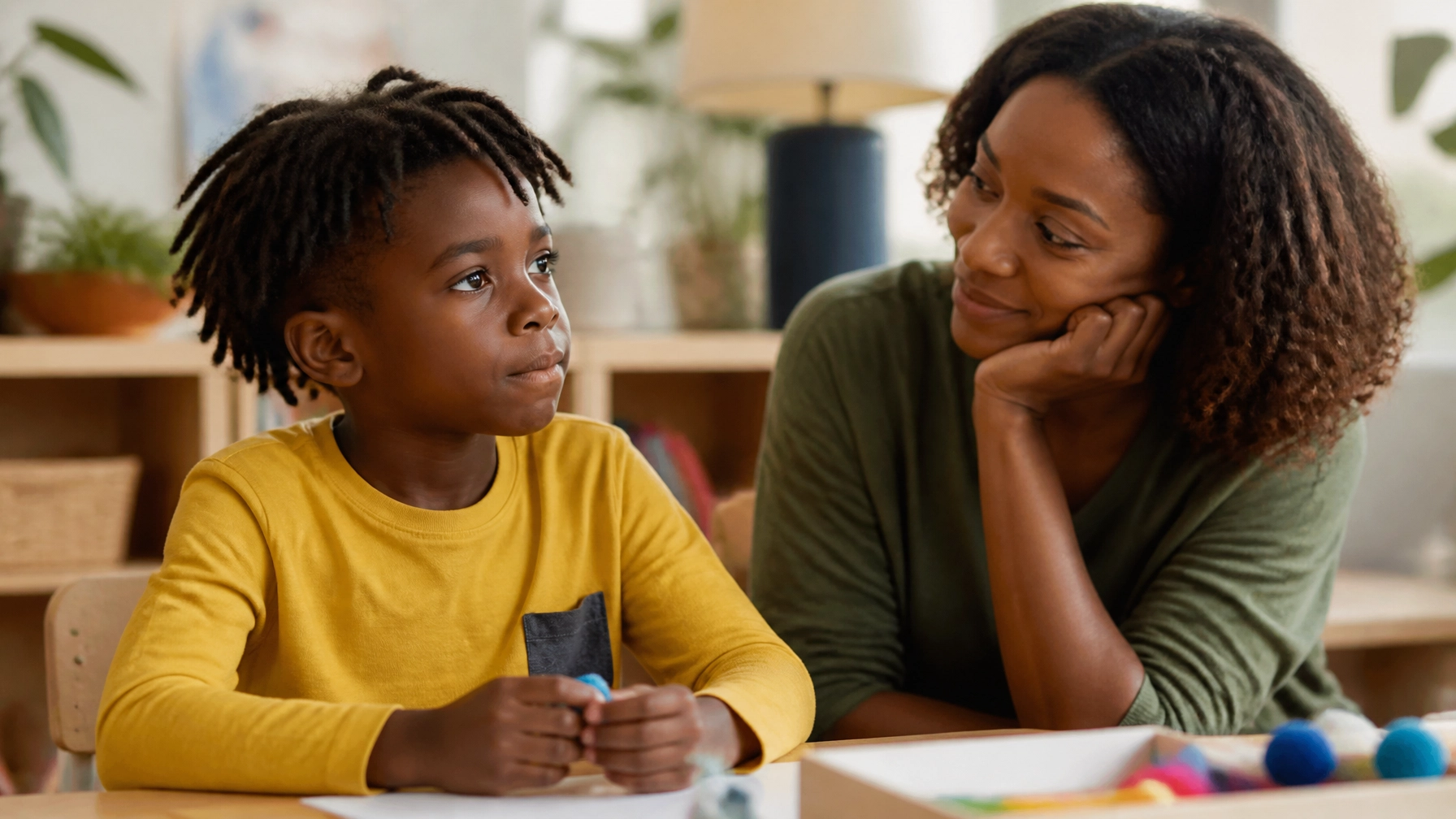 Brown child focusing on an activity with a caregiver nearby in a calm learning space