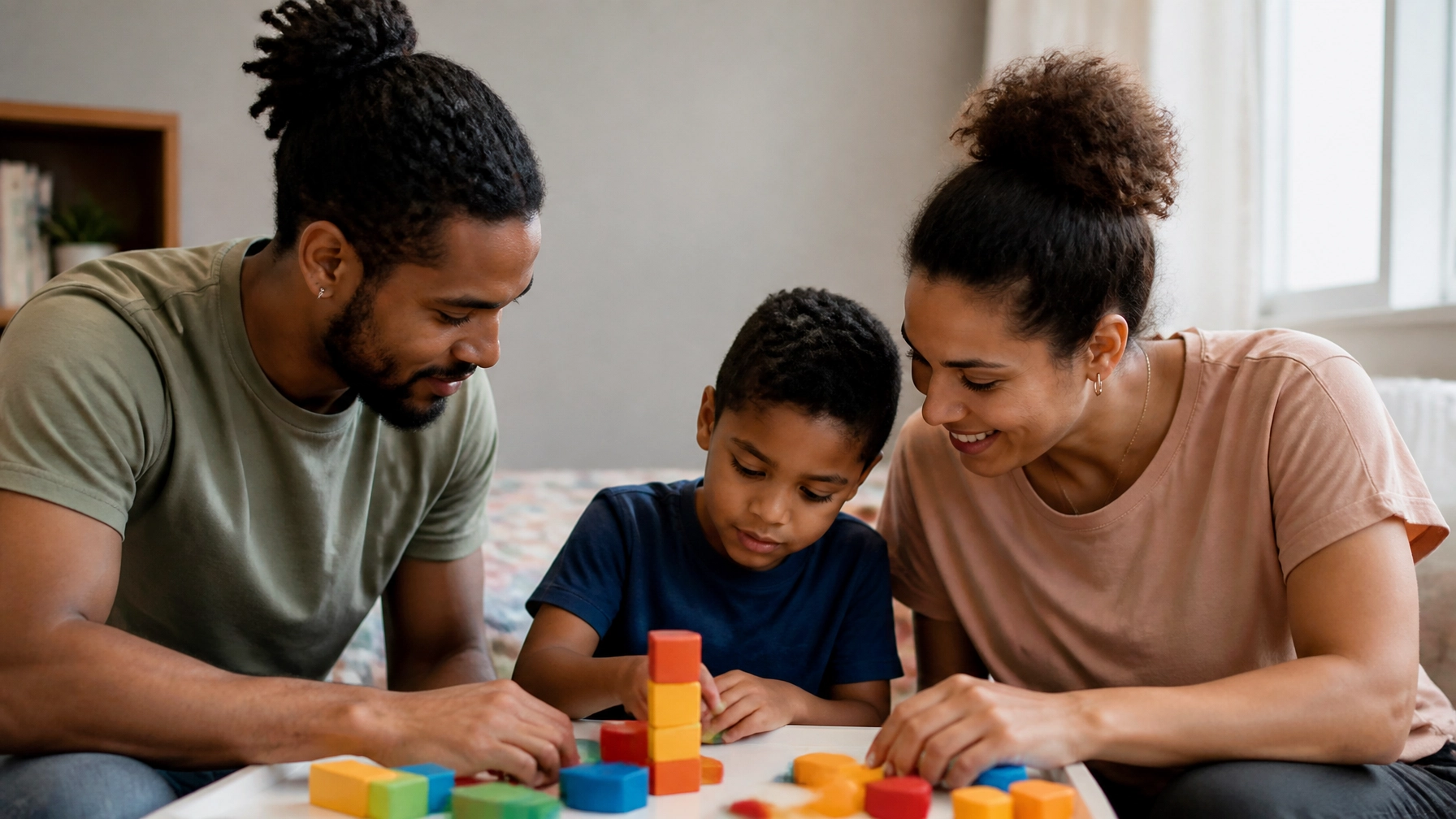 Black and Brown family engaging in relaxed play and supportive communication
