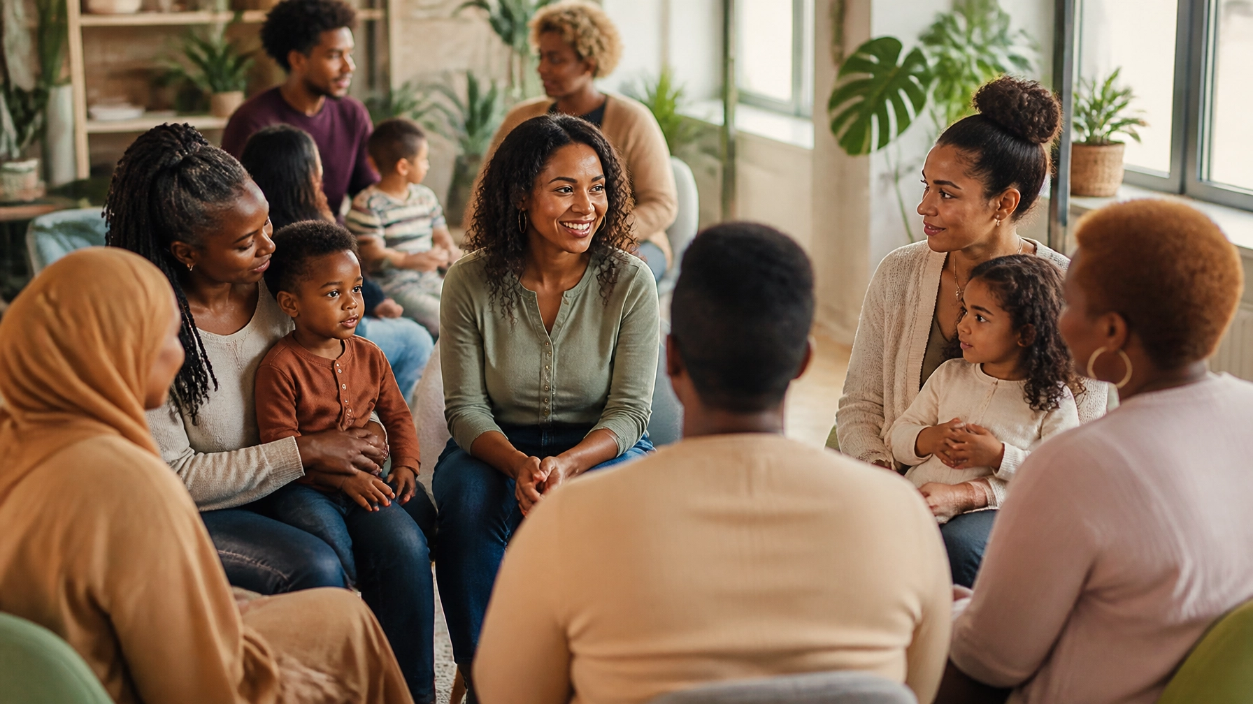 Diverse Black and Brown parents and caregivers connecting in a warm community support setting
