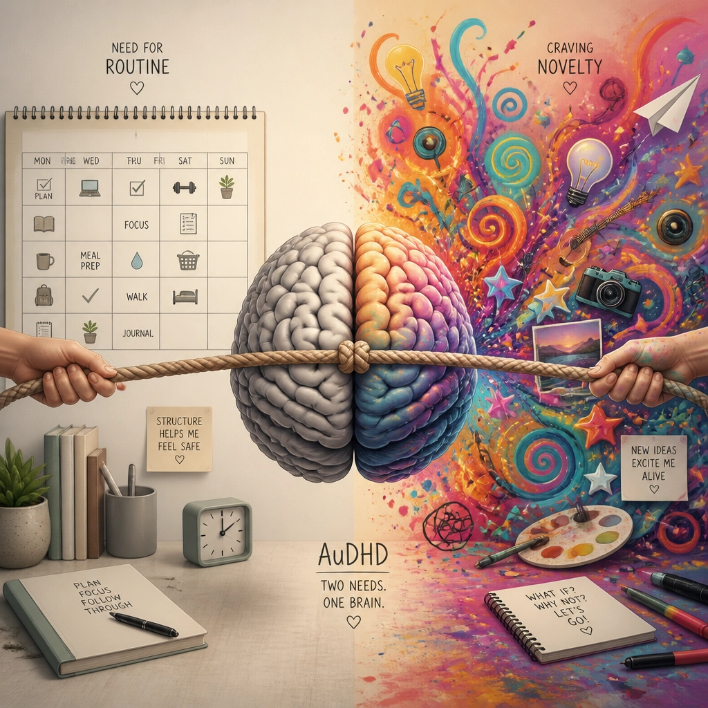 A conceptual illustration showing a neat calendar on one side and vibrant, swirling colors on the other, representing the dual needs of AuDHD.