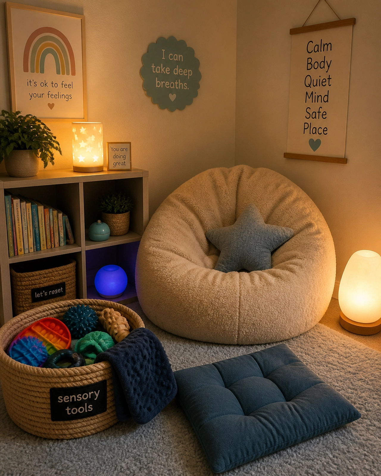 A cozy, sensory-friendly 'calm down' corner with a beanbag chair and soft lighting.