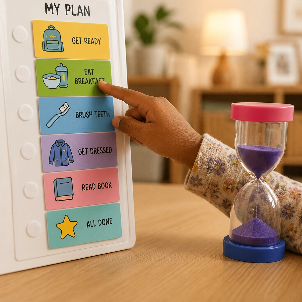 A close-up of a child's hand using a colorful sand timer to manage a transition.