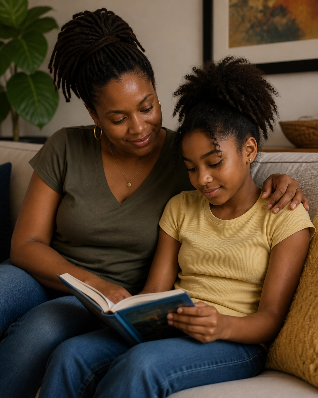 A supportive mother and child sitting together, sharing a quiet moment of connection.