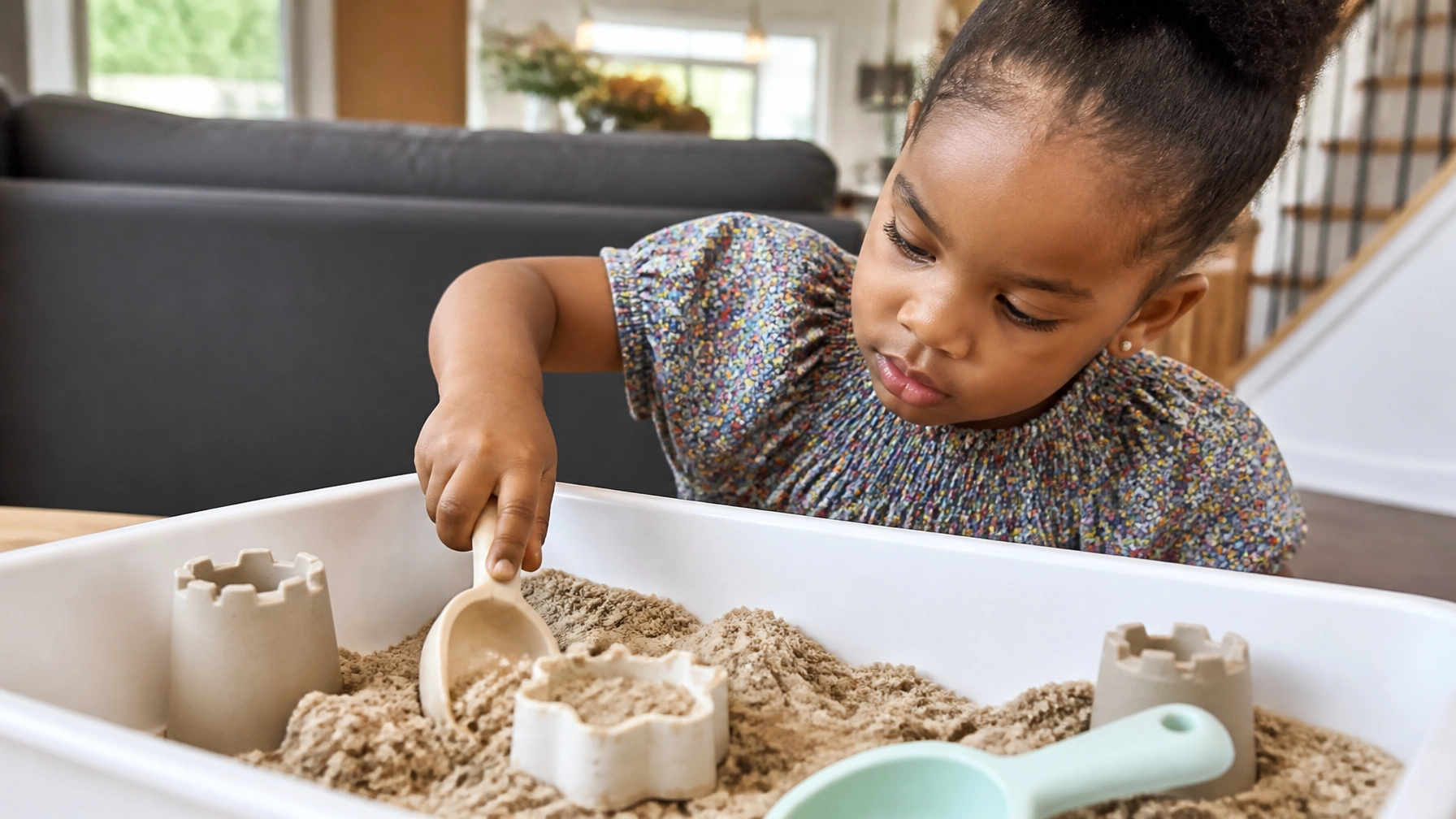 A child using a sensory bin at home, showing practical sensory play for everyday support