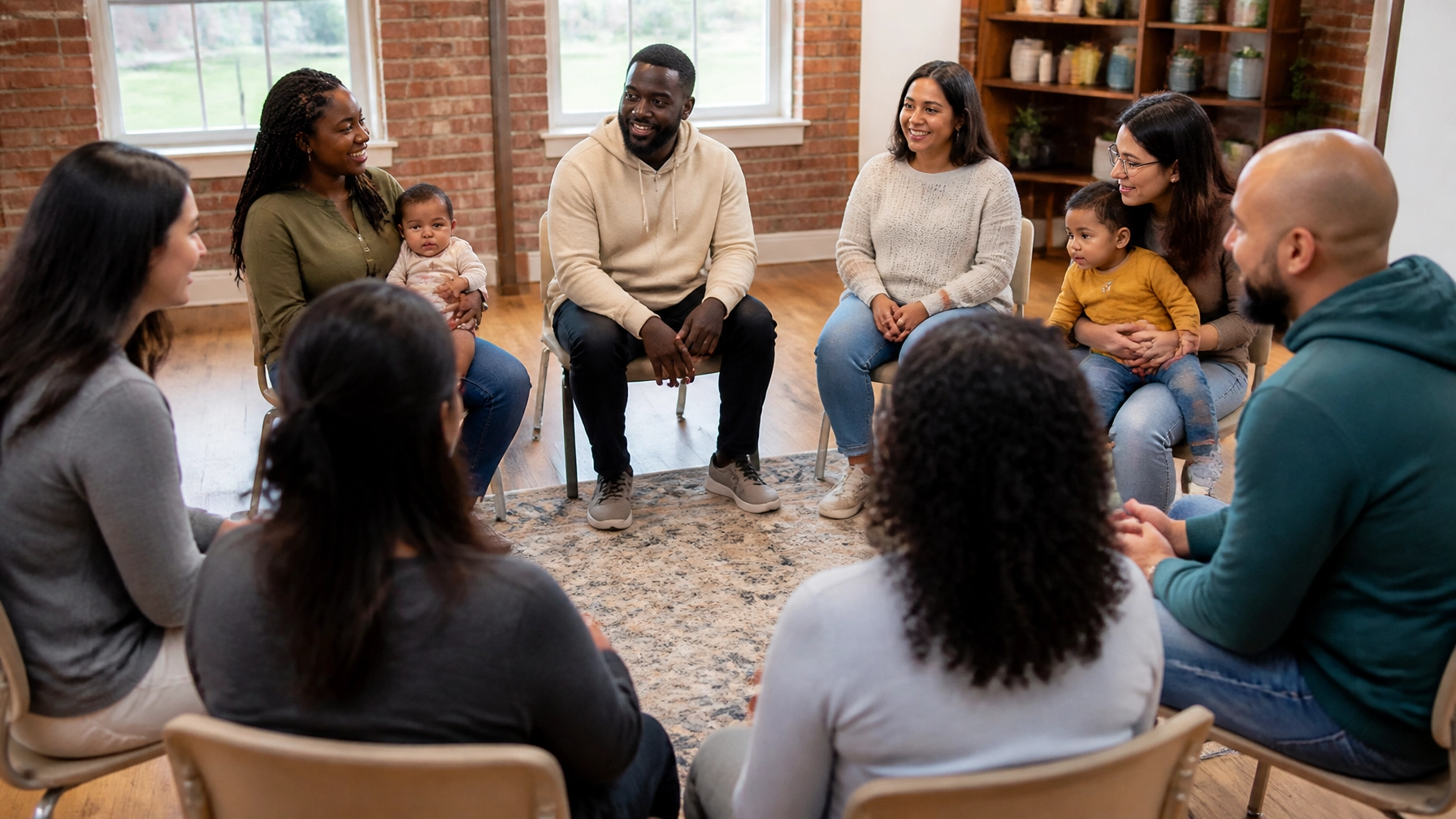 A supportive circle of diverse parents and caregivers gathering in a community space