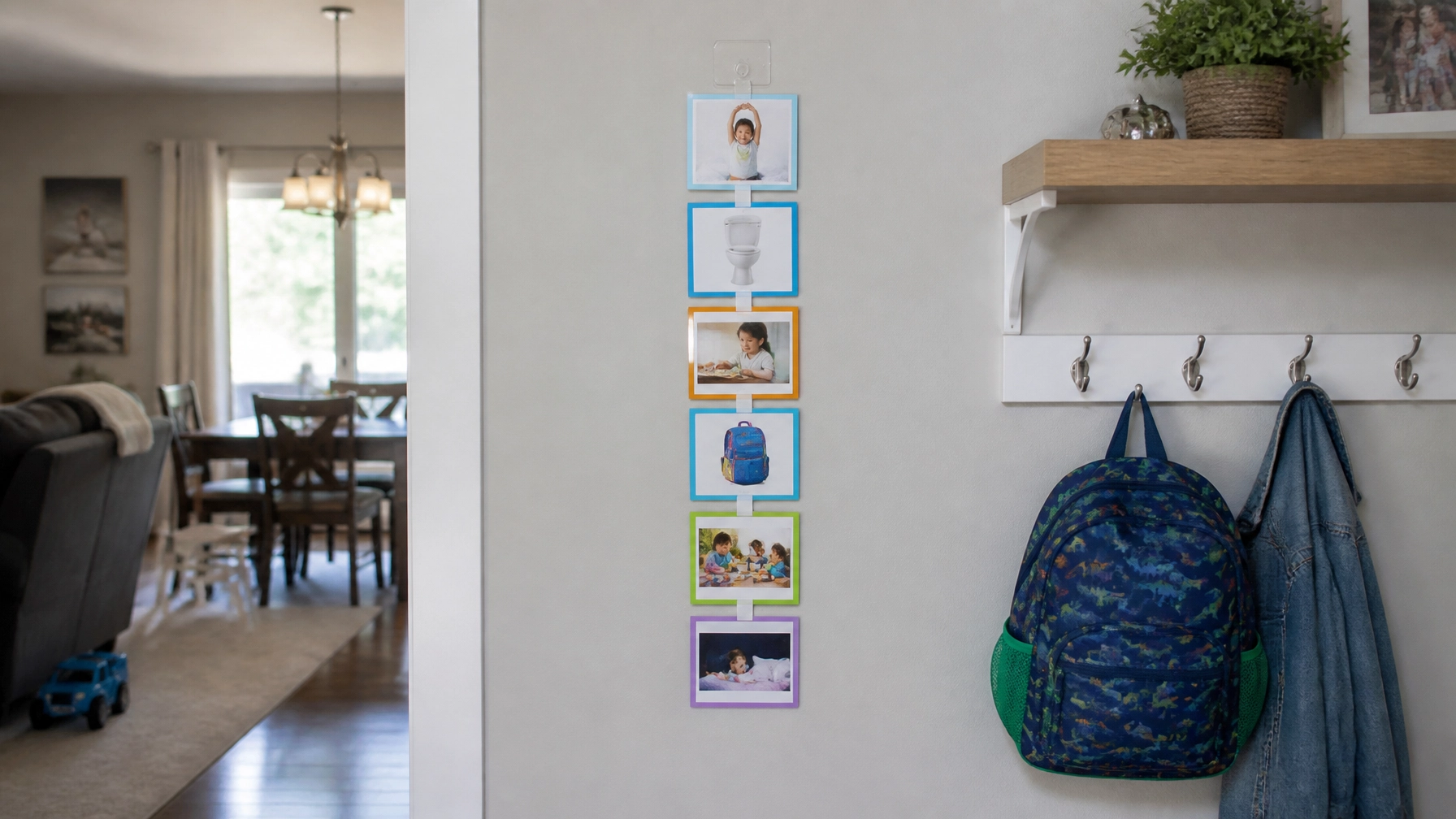 A simple visual schedule displayed on a wall to help a child move through the day with confidence