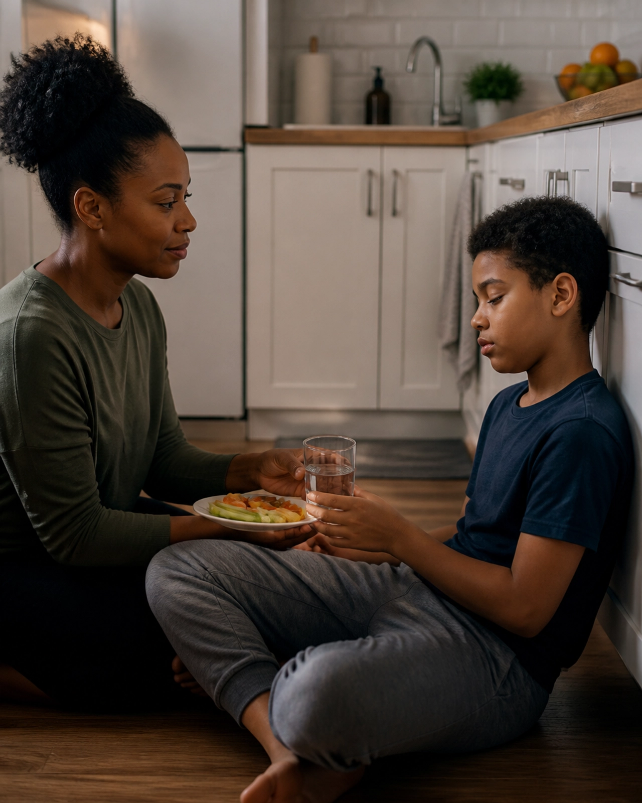 A mother and son sharing a quiet, connected moment with a snack, showing a supportive home environment.