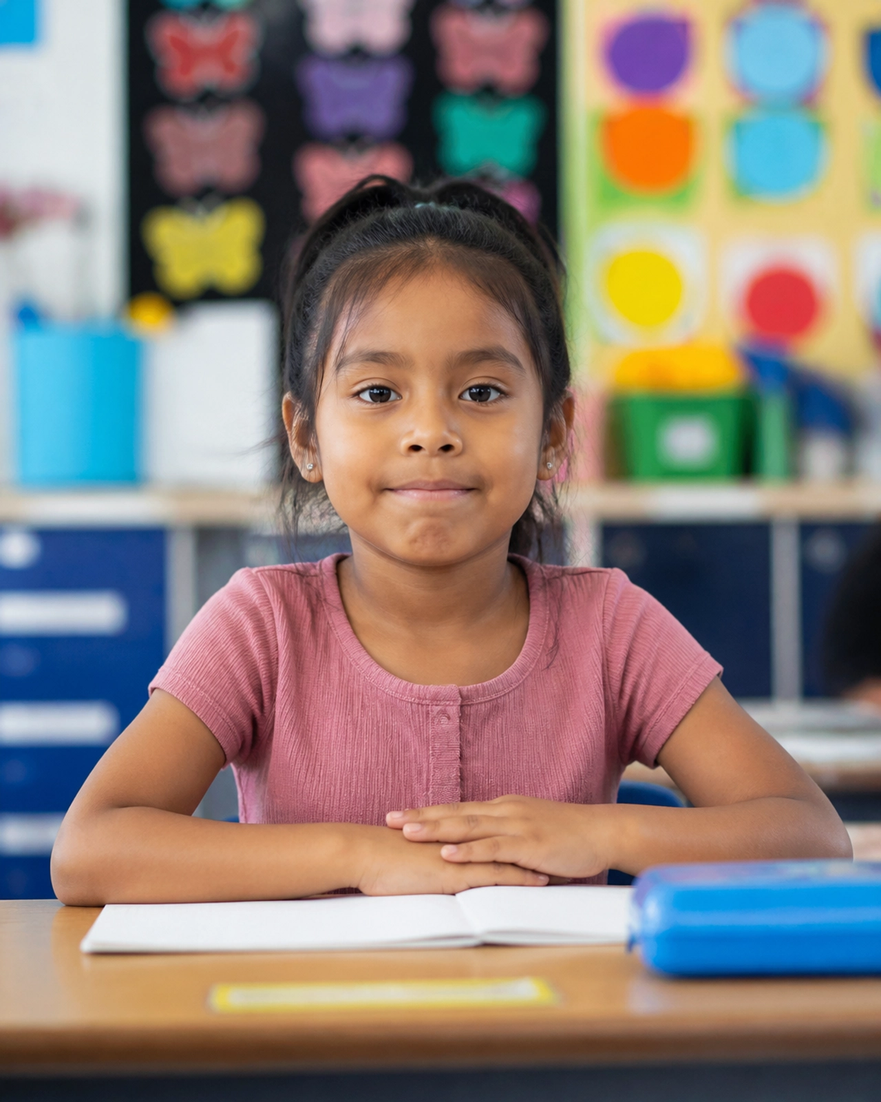 A child sitting stiffly at a school desk, illustrating the intense effort of masking autistic traits to fit in.