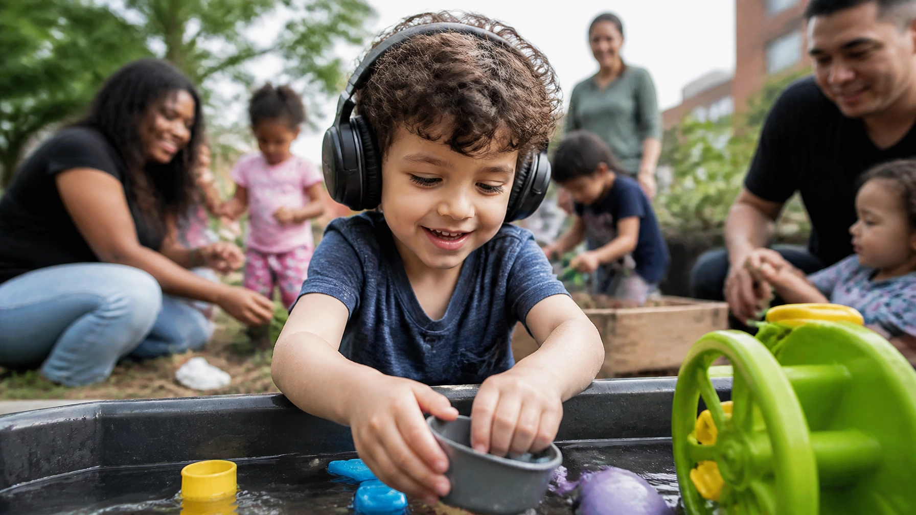 A diverse group of children engaging in sensory-friendly outdoor play, emphasizing community and inclusive support.