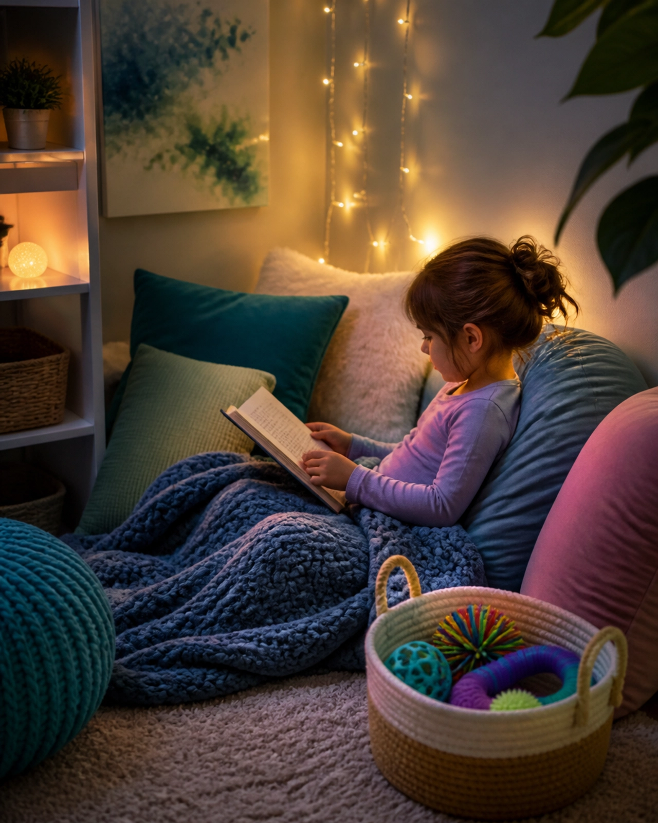 A peaceful, sensory-friendly calm corner with soft pillows and gentle lighting, providing a space for a child to decompress.