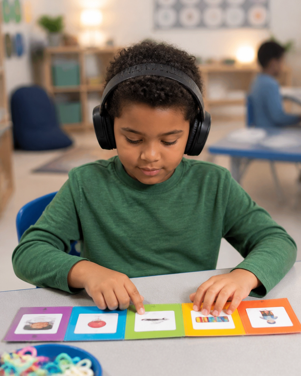 An autistic child using a visual schedule and noise-canceling headphones in a supportive classroom.