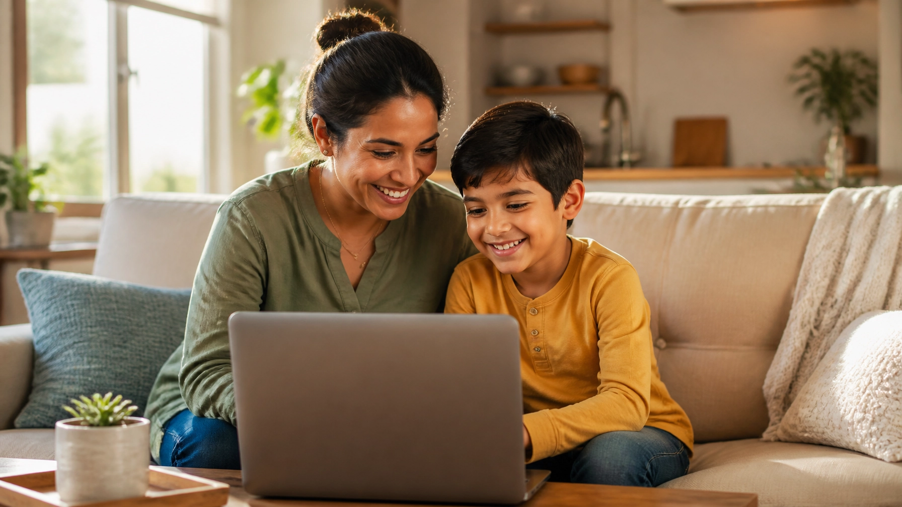 A parent and child watching an educational video together, representing the Building Bridges program.