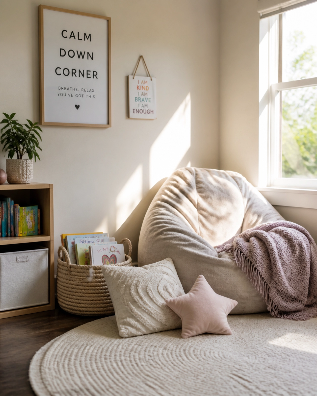 A minimalist indoor space featuring a cozy calm-down corner with a beanbag chair and books, symbolizing a safe space for a child.