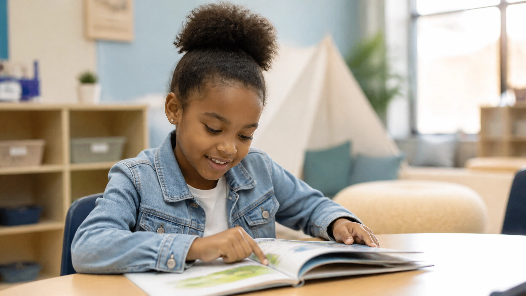 A school-aged child happily and intently focusing on a book in a modern, sensory-friendly classroom setting
