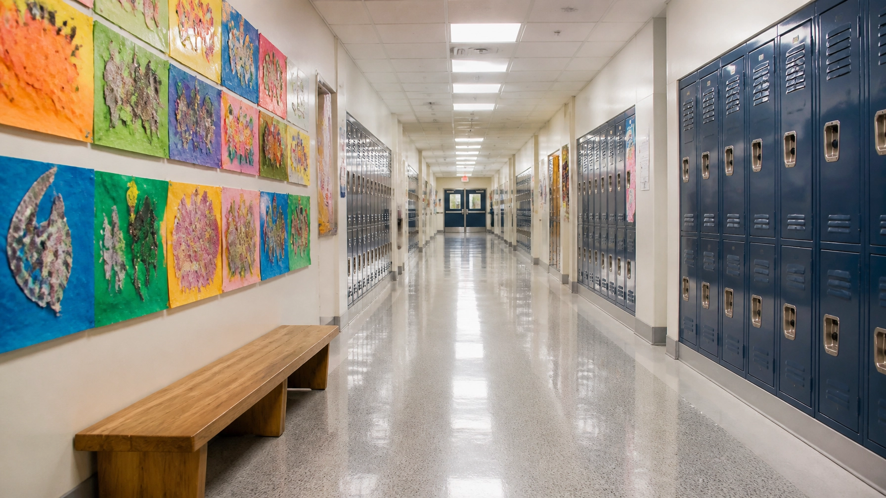 A calm, organized school hallway featuring lockers and colorful posters