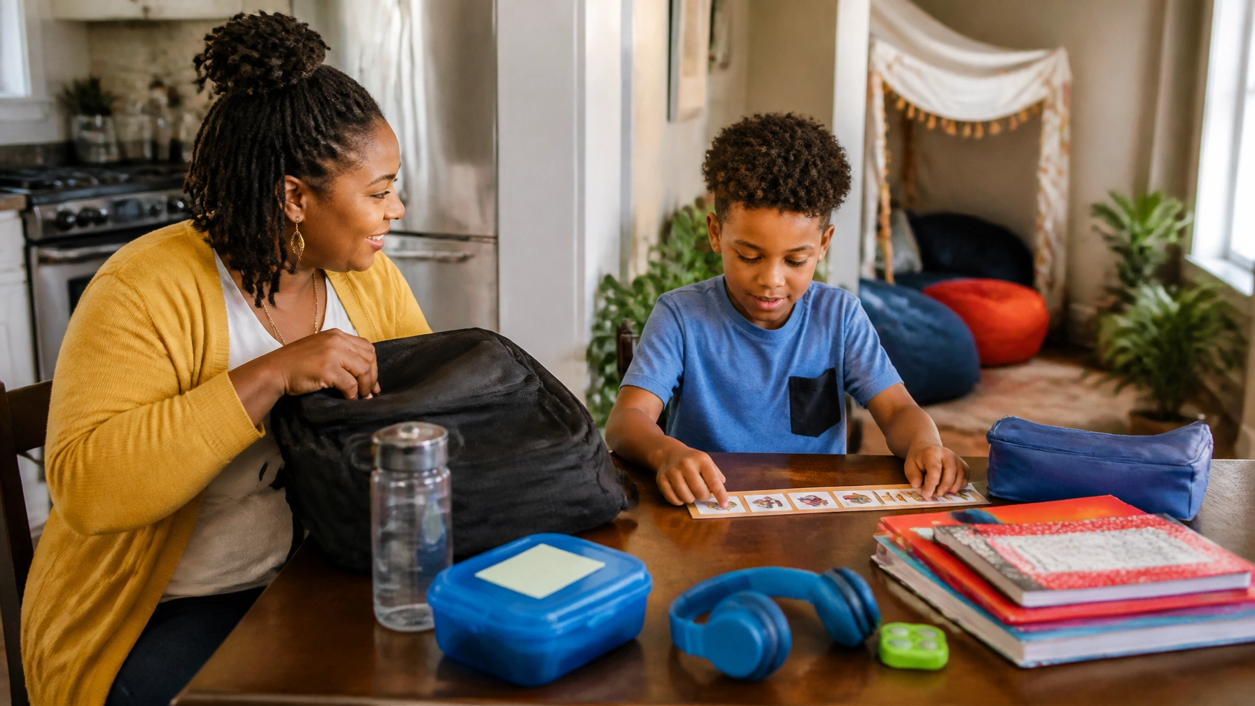 A Black and Jamaican-American school-aged child and parent prepare a backpack and visual schedule at home