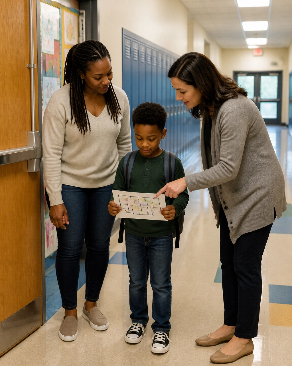 A Black school-aged child visits an elementary school hallway with a parent and teacher