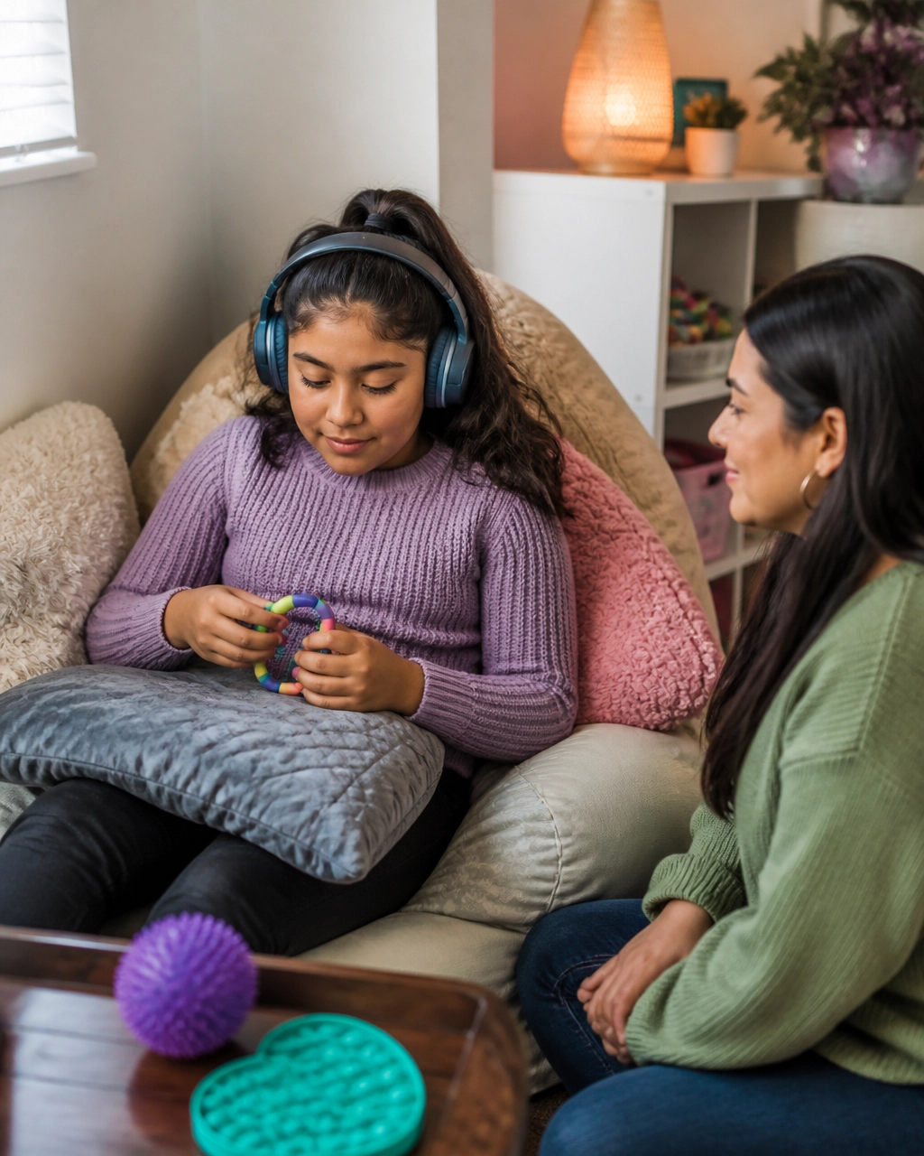 A Latina school-aged child relaxes in a calm sensory-friendly space after school