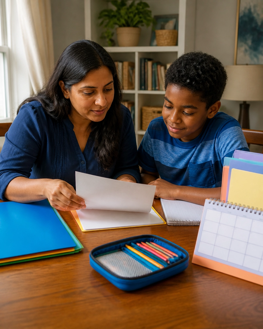 A diverse parent and school-aged child review a school plan and visual schedule at home