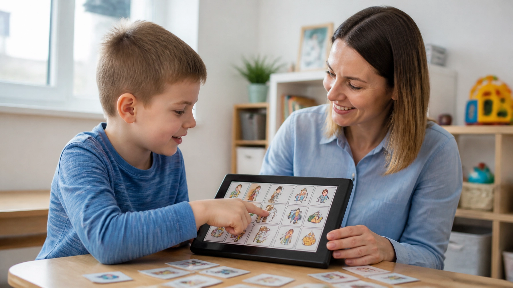 A school-aged child practicing communication with a supportive parent at home using visual supports in a warm, reassuring set