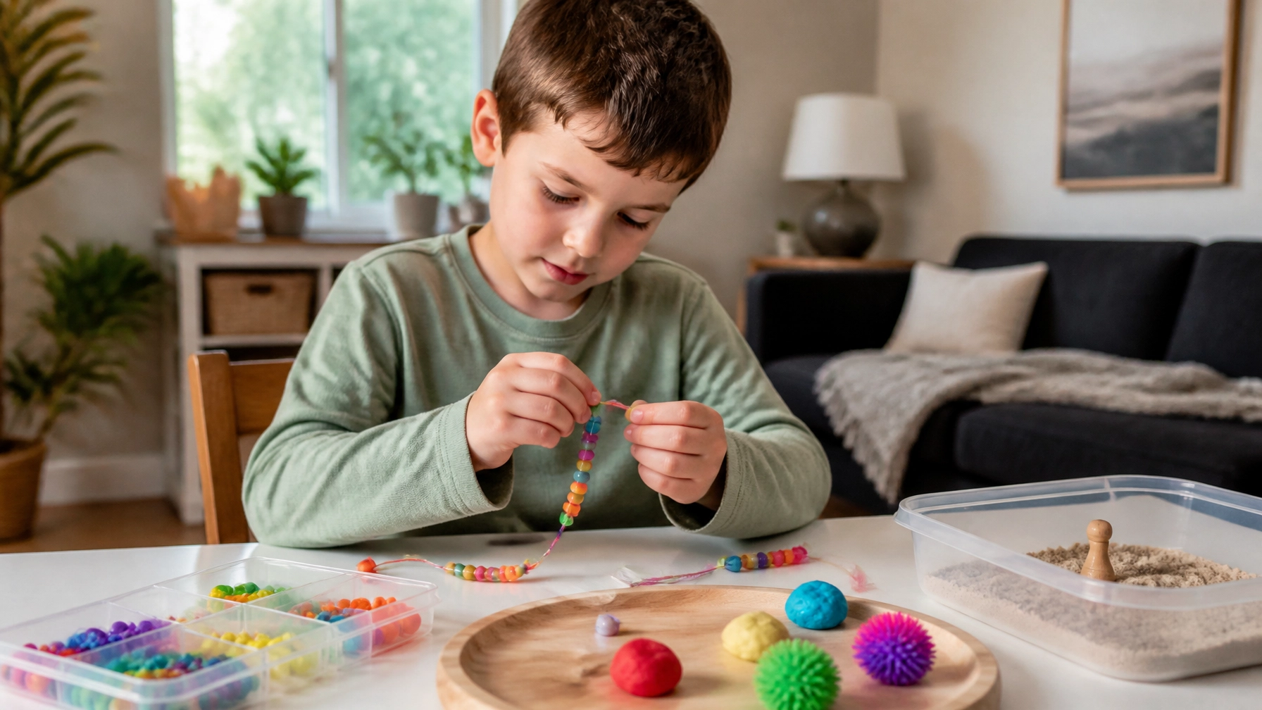 A school-aged child working on fine motor and sensory activities at home with supportive materials in a bright, calming space